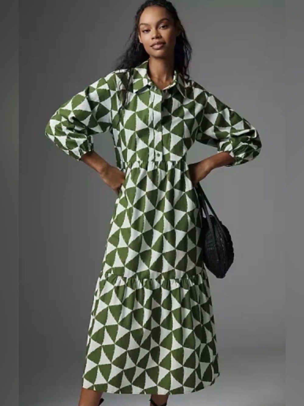 Anthropologie Maeve The Bettina Tiered Shirt Dress Green Geometric Boho Size L